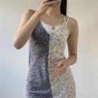 Spaghetti Strap Floral Panel Midi Bodycon Dress Blue & White - One Size