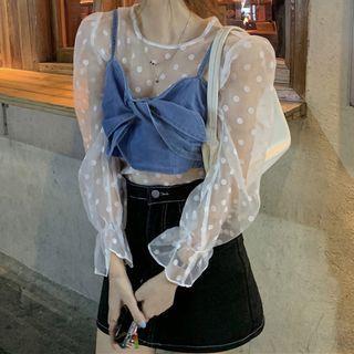 Long-sleeve Dotted Mesh Top / Tie-front Denim Camisole Top
