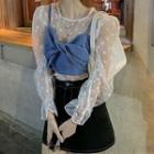 Long-sleeve Dotted Mesh Top / Tie-front Denim Camisole Top