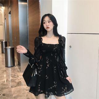 Floral Print Long-sleeve A-line Dress Black - One Size