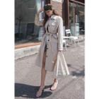 Linen Blend Long Military Coat With Sash