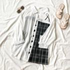 Long-sleeve Shirt / Spaghetti Strap Plaid Panel Mini Dress