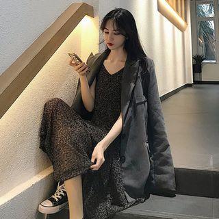 Button Blazer / Spaghetti Strap Midi Layered Dress