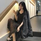 Button Blazer / Spaghetti Strap Midi Layered Dress