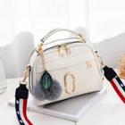 Pompom Faux Leather Crossbody Bag With Printed Strap