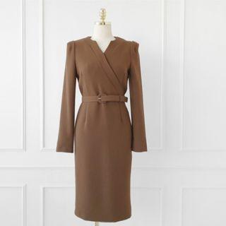 Set: Long-sleeve Plain Wrap Sheath Dress + Belt