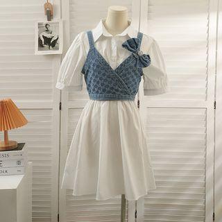 Set: Ribbon-accent Denim Vest + Midi Shirtdress White - One Size