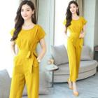 Short-sleeve Sashed Harem Jumpsuit