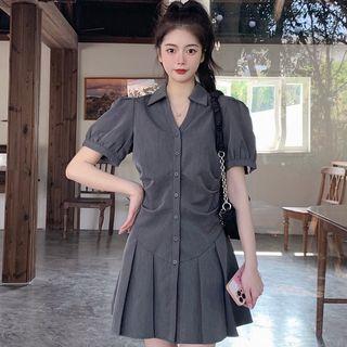 Short-sleeve Pleated Mini A-line Shirt Dress