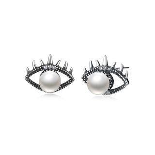 925 Sterling Silver Vintage Fashion Eye Pearl Stud Earrings Silver - One Size