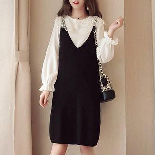 Set: Long-sleeve Frill Trim Blouse + Overall Dress