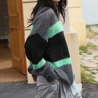 Striped Sweater Grayish & Green & Black - One Size