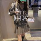 Argyle Cardigan / Mini A-line Pleated Skirt / Long-sleeve T-shirt