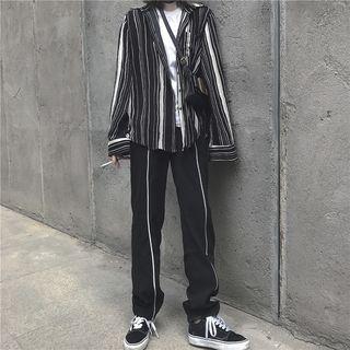 Striped Long-sleeve Loose-fit Shirt / High-waist Pants
