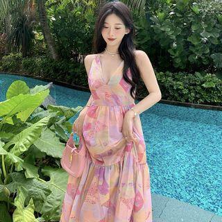 Sleeveless V-neck Print Maxi A-line Dress