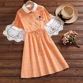 Letter Embroidered Plaid Short-sleeve A-line Dress