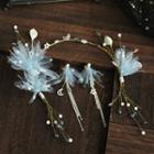 Wedding Set: Flower Headpiece + Fringed Earring Set Of 2 - Headpiece & Clip On Earring - Light Blue - One Size