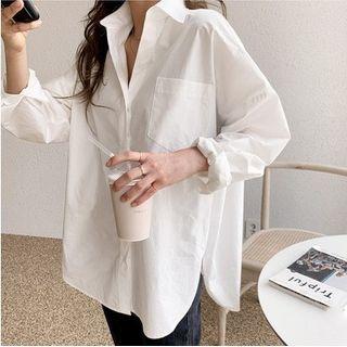 Long-sleeve Plain Slit Loose Fit Pocket Shirt