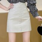 Plain Faux Leather Button Mini A-line Skirt