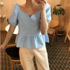 Puff-sleeve Gingham Blouse Blue - One Size