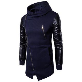 Zip Detail Faux-leather Panel Hoodie