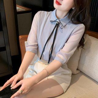 Elbow-sleeve Bow Detail Shirt