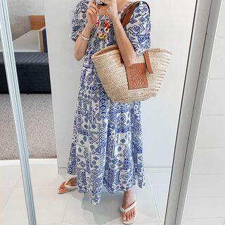 Square-neck Ethnic-pattern Maxi Dress