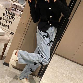 Lettering Mid Rise Straight Leg Jeans