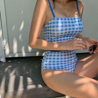 Set: Plaid Bikini Top + High-waist Bottom