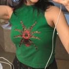 Sleeveless Crew-neck Spider Print Crop Tank Top