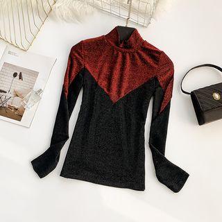 Long-sleeve Mock Neck Two-tone T-shirt