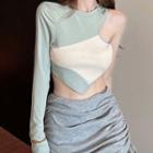 Long-sleeve One-shoulder Two-tone Crop Top