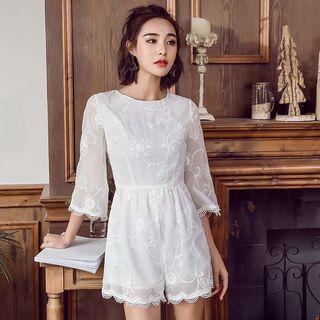 3/4-sleeve Embroidered Lace Playsuit