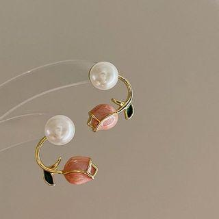 Flower Faux Pearl Alloy Earring 1 Pair - Silver Stud - Pink - One Size