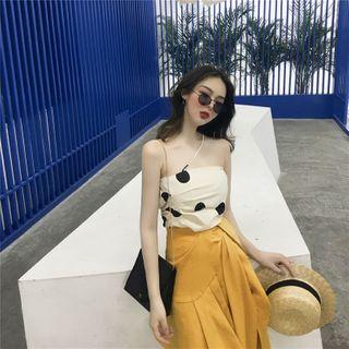 Dotted Single Strap Halter Top / Irregular Hem Midi A-line Skirt