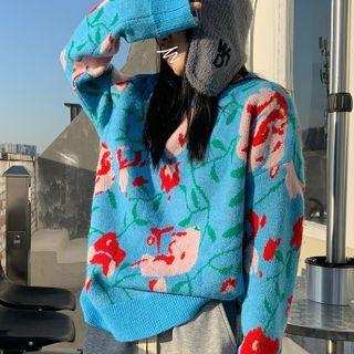 Round Neck Floral Sweater Blue - One Size