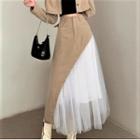 Cropped Button-up Jacket / Patchwork Mesh Midi Skirt