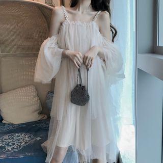 3/4-sleeve Cold-shoulder Midi A-line Mesh Dress As Shown In Figure - One Size