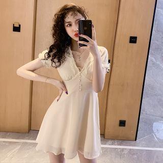 Short-sleeve Embellished Frill Trim A-line Mini Dress