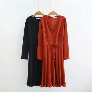 V-neck Drawstring Long-sleeve A-line Dress