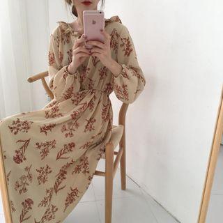 Floral V-neck Long-sleeve Loose-fit Dress