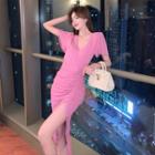 Short-sleeve V-neck Plain Drawstring Side-slit Dress