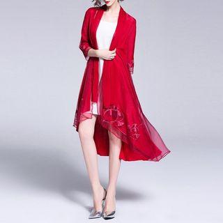 Embroidered Open Front Long Light Jacket
