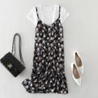 Set: Short-sleeve T-shirt + Spaghetti Strap Floral Print Chiffon Dress