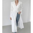 Textured Long Jacket With Sash White - One Size