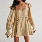 Lantern-sleeve V-neck Lace-up Button-up Mini A-line Dress