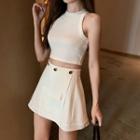 Plain Cropped Tank Top / High-waist Pocket Detail Pleated Mini A-line Skirt