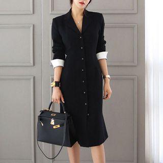 Long-sleeve Contrast-trim Sheath Shirtdress
