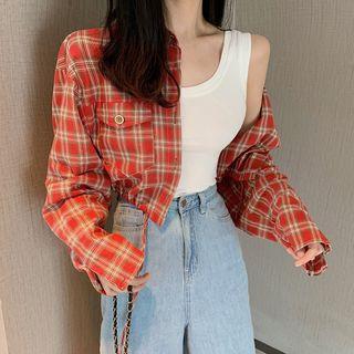 Plain Tank Top / Long-sleeve Plaid Cropped Shirt