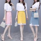 Set: V-neck Short-sleeve Blouse + Chiffon Panel A-line Skirt